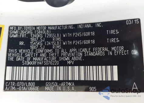 2015 Toyota Highlander Xle V6 from USA, damaged, VIN 5TDKKRFH4FS076220